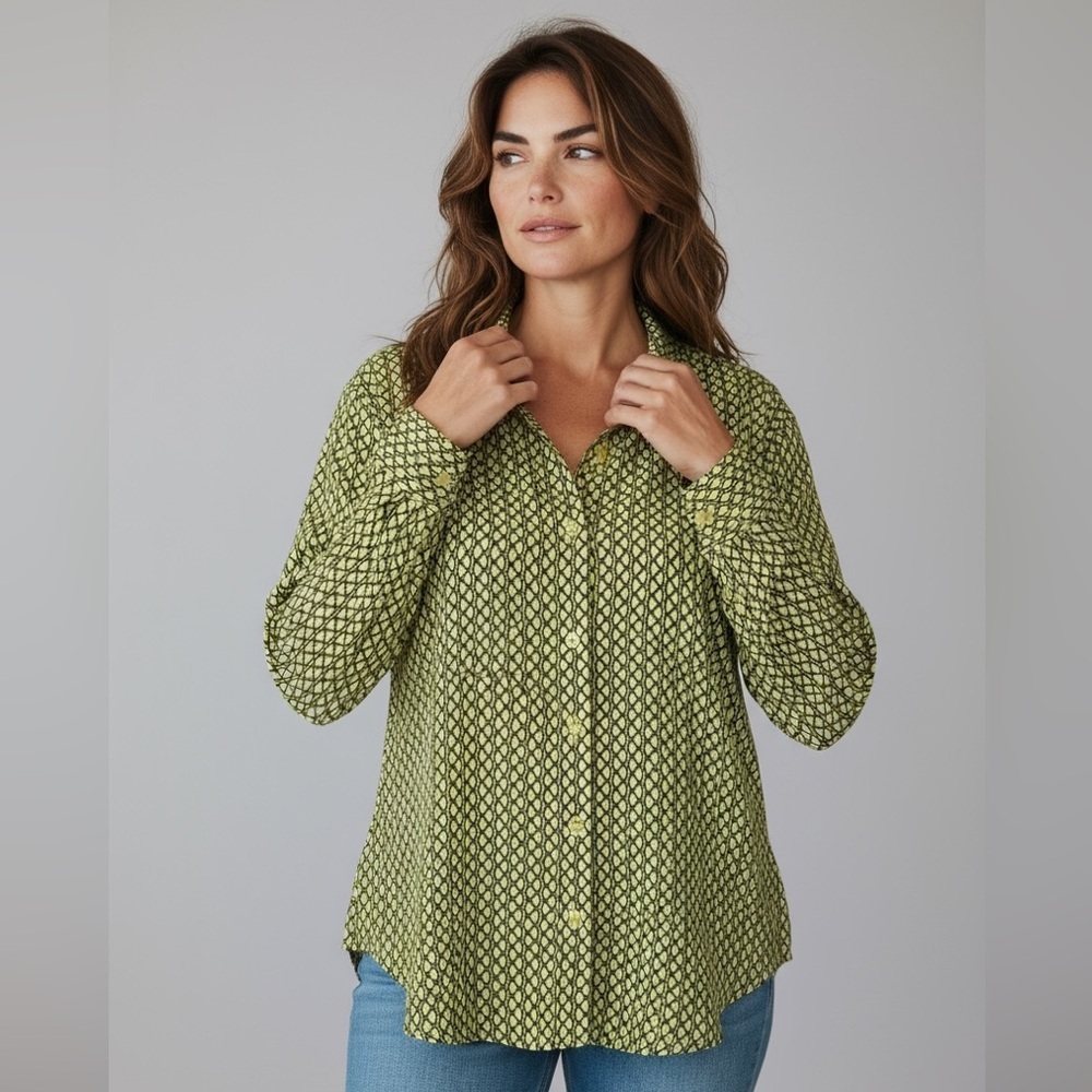 Ellen Tracy blouse XL. Long sleeve Yellow/black rope pattern. Wrinkle free